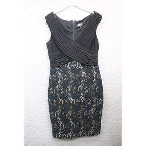 Adrianna Papell Black Pleated Lace Sleeveless Dress-12-Whimsigoth-Evening-Event